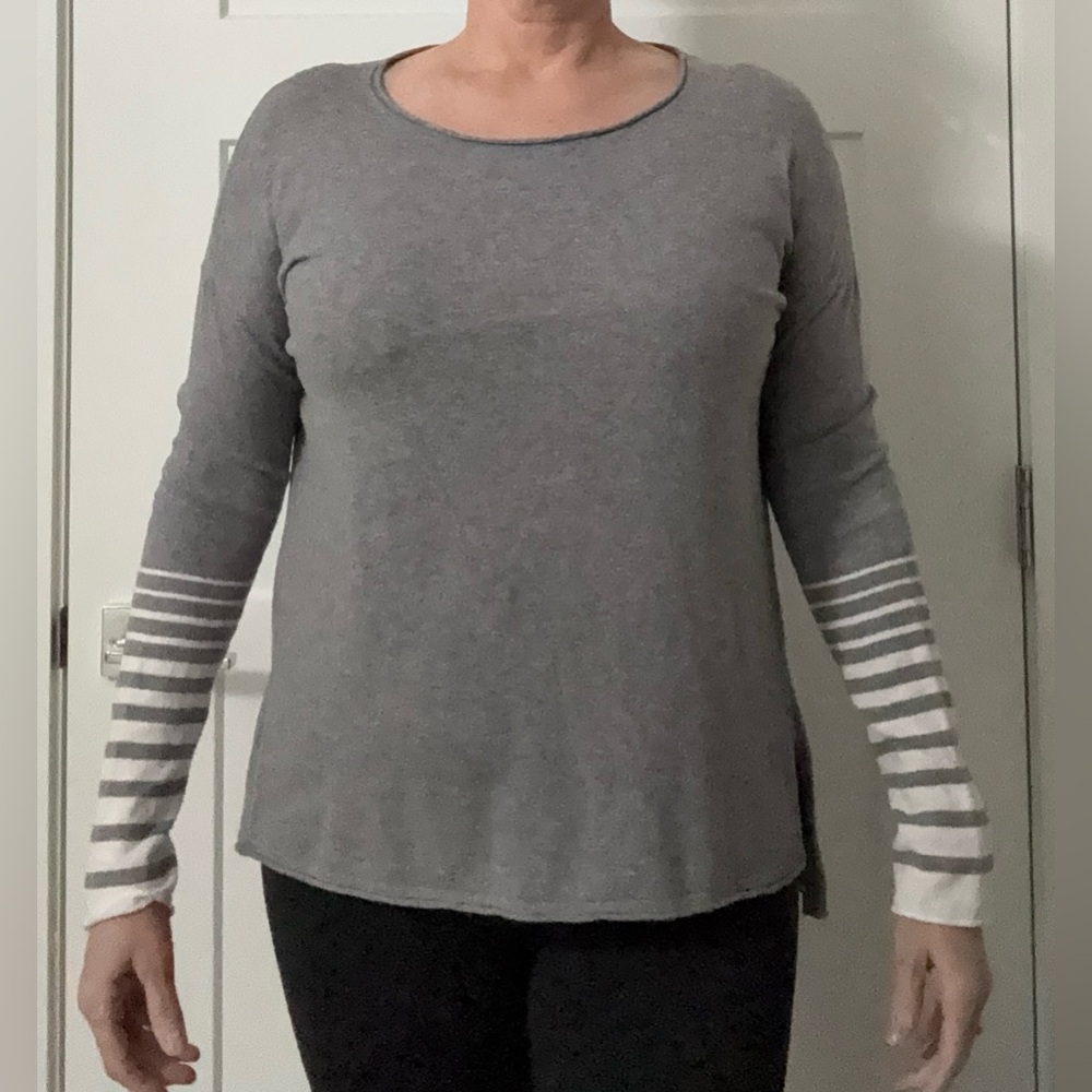 Vince Heather Gray Long Sleeve Top with Striped Sleeves